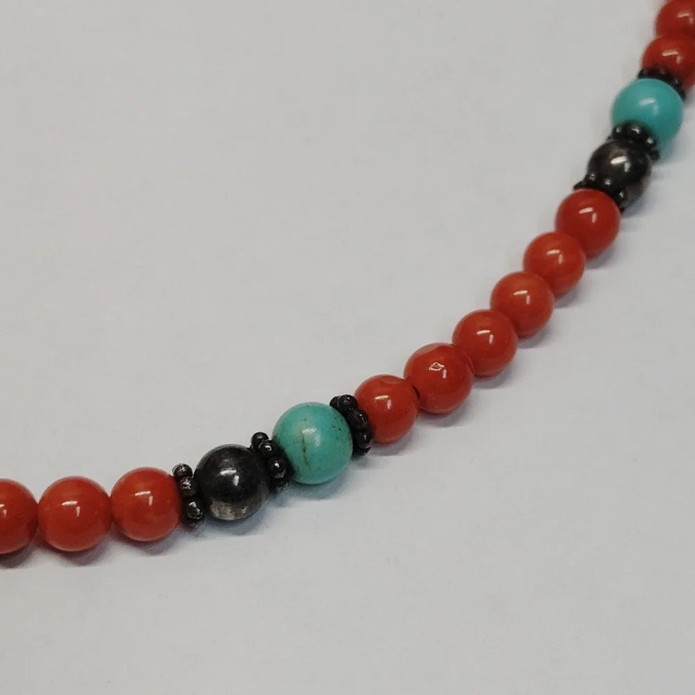 VTG Rare Southwestern Coral & Turquoise Sterling Silver Beads Neacklace 16